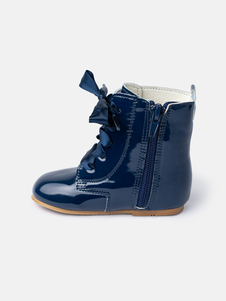 Baby Girl M&B Classic Patent Boots with Satin Laces - Navy Blue