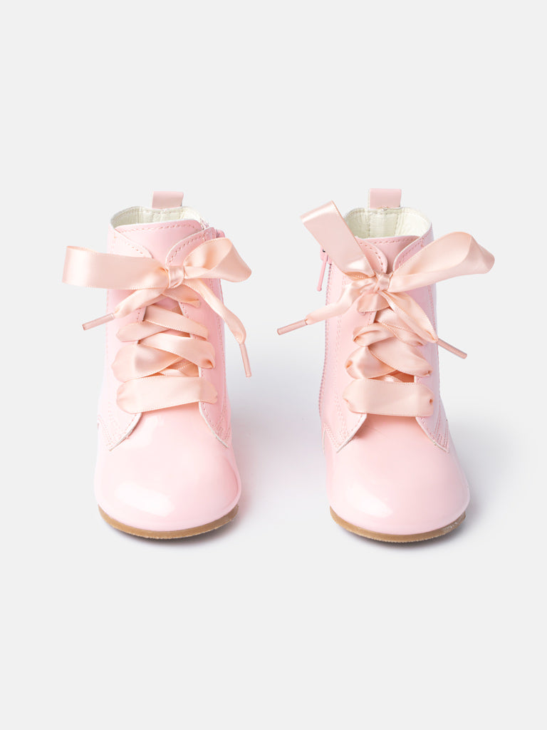 Baby Girl M&B Classic Patent Boots with Satin Laces - Pink