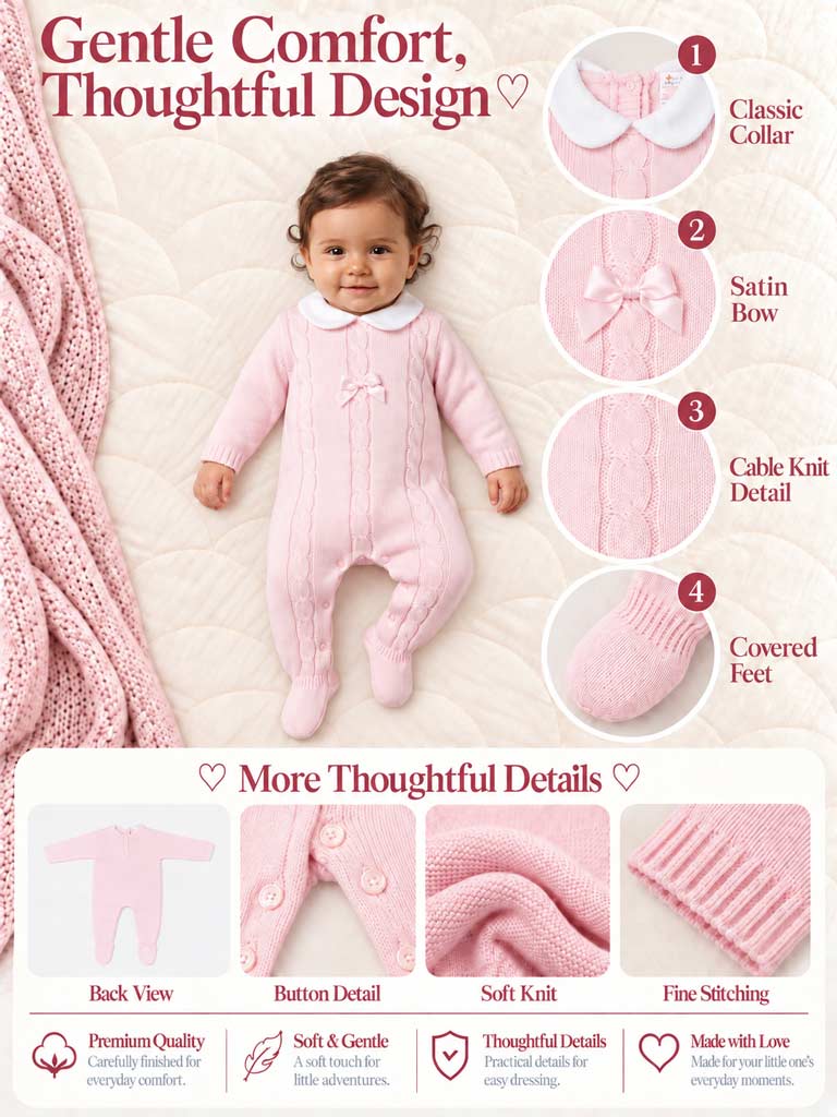 Unisex JIMENA COLLECTION Knitted Baby Grow with Tiny Bow - Pink