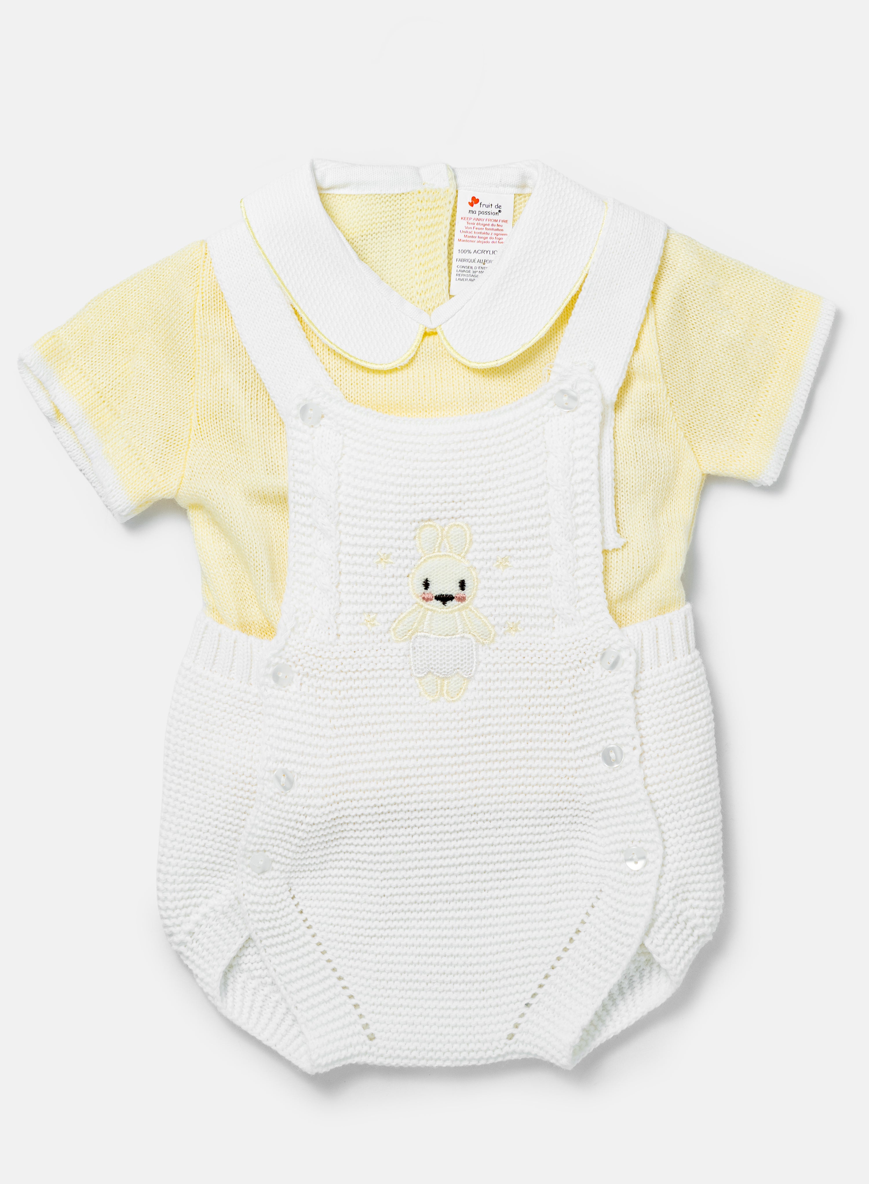 Baby 2-piece Knitted Romper Set With Bunny - White & Lemon Yellow
