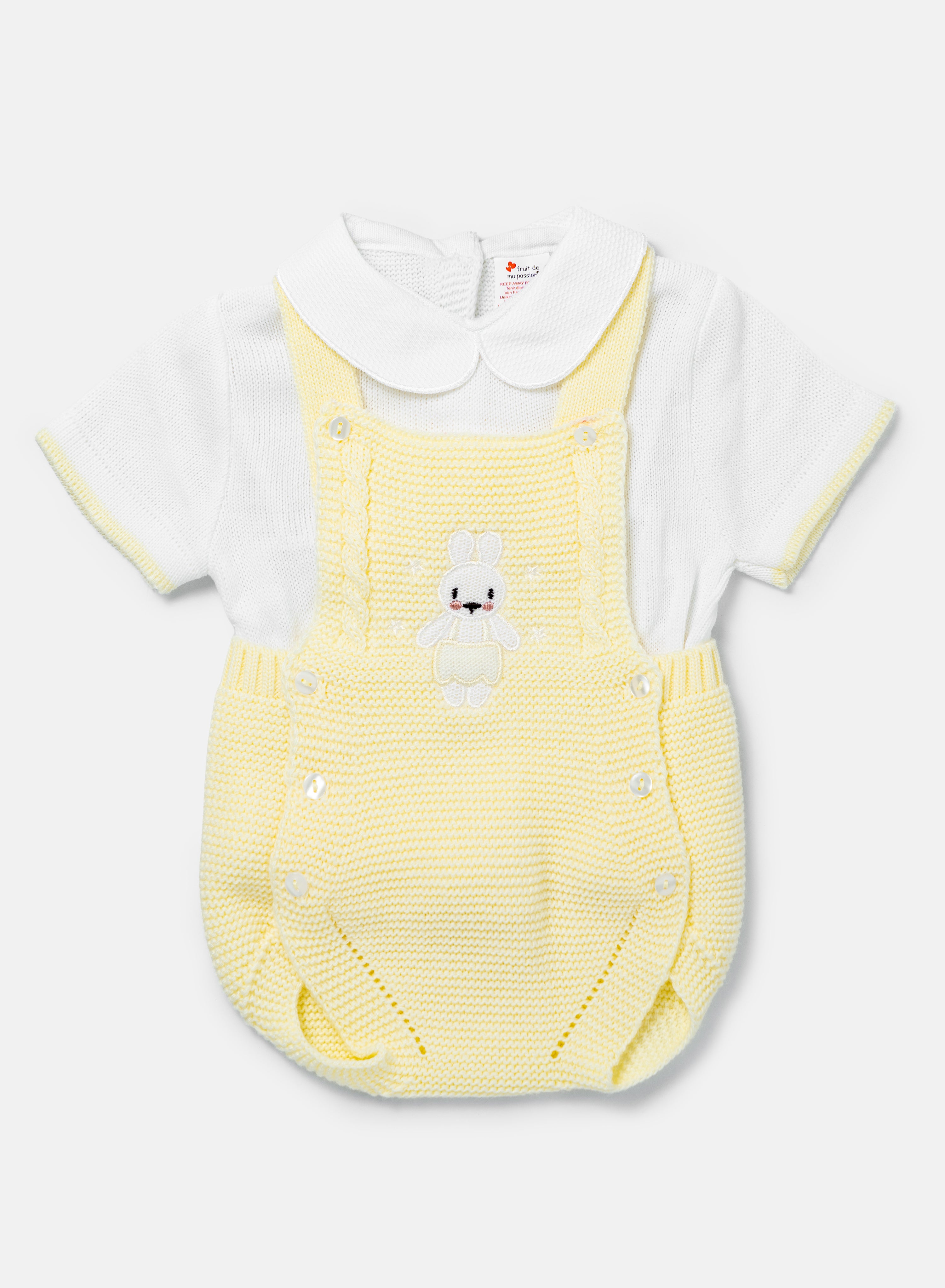 Baby 2-piece Knitted Romper Set With Bunny - Lemon Yellow & White