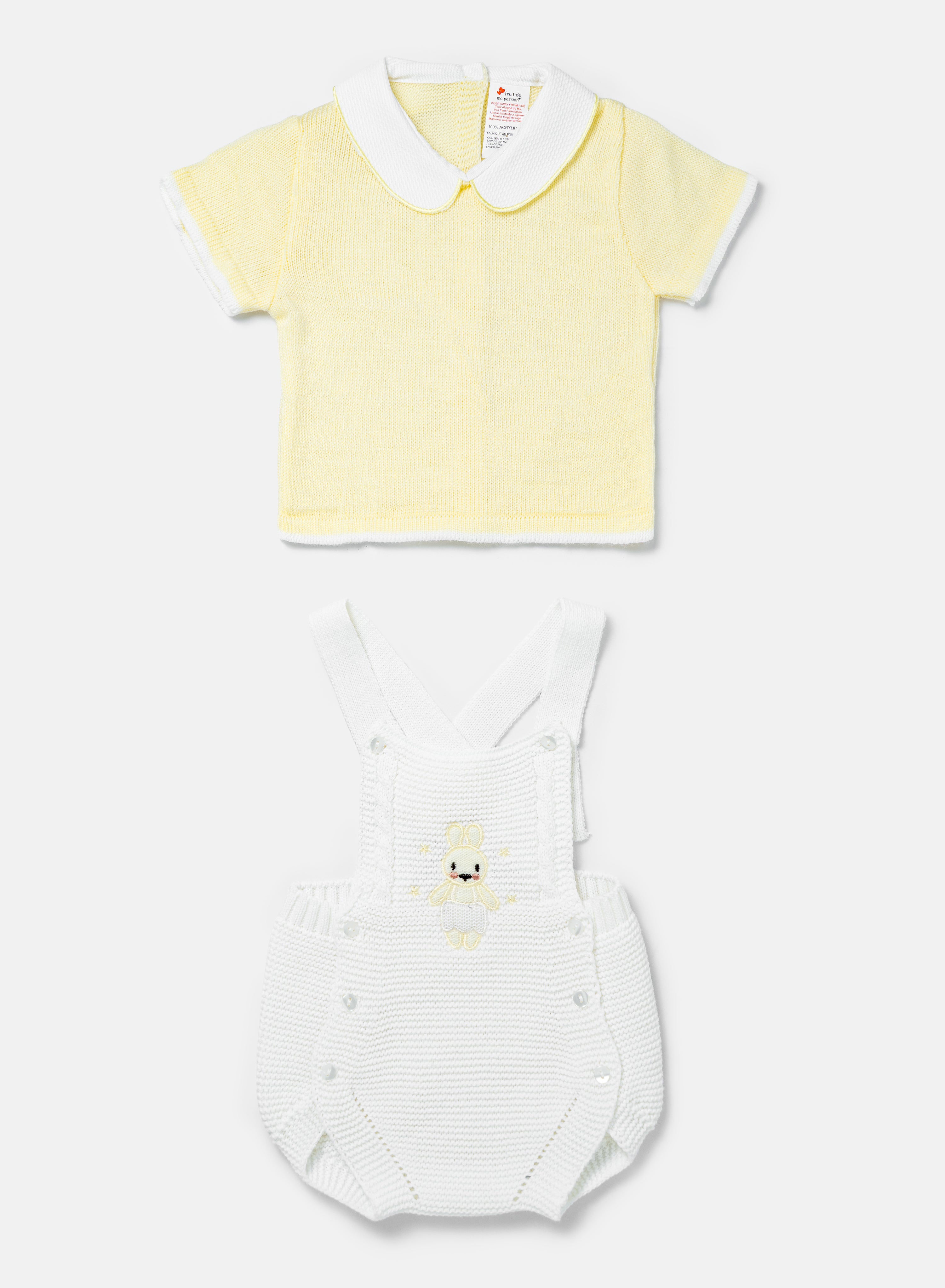 Baby 2-piece Knitted Romper Set With Bunny - White & Lemon Yellow
