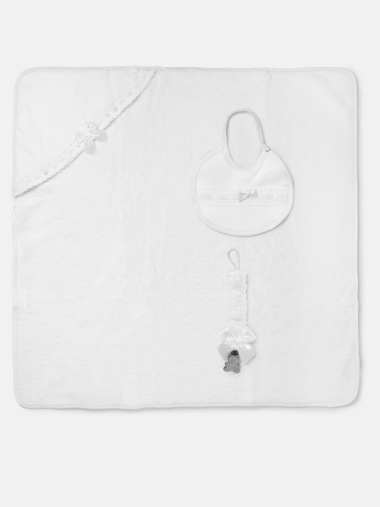 Baby 3-piece Bath Set - Hooded Towel, Bib & Dummy Clip - White