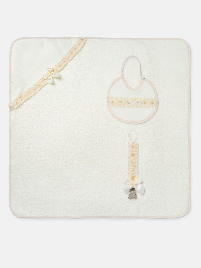 Baby 3-piece Bath Set - Hooded Towel, Bib & Dummy Clip - Beige