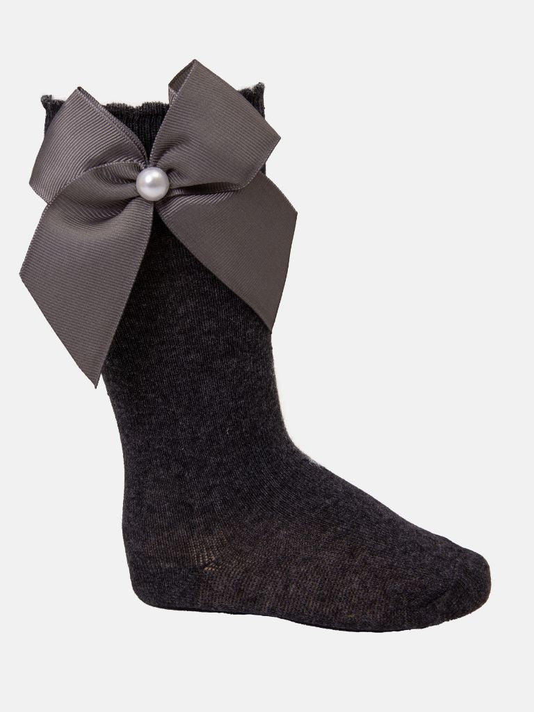 Baby Girl Knee Socks with Satin Bow and Pearl - Charcoal Grey