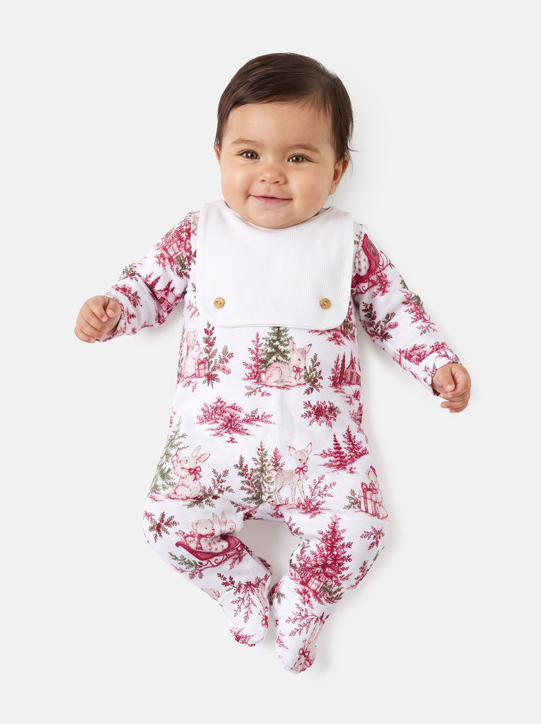 Cotton Baby Grow with Attached Small Bib & Buttons - Christmas Print Collection - LIMITED EDITION