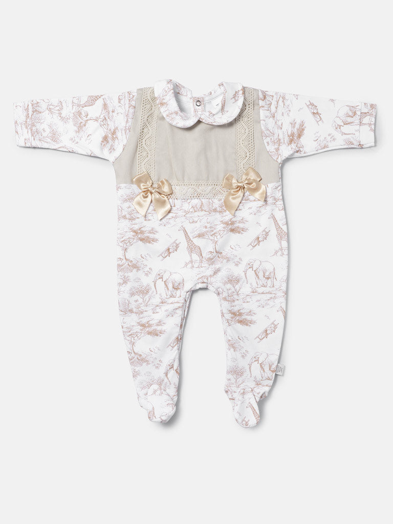 Baby Grow for Girls Safari Collection with Lace & Bows - Beige