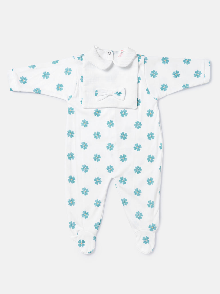 Baby Grow Lucky Clover Collection with Peter Pan Collar & Bow - Limited Edition - White & Green