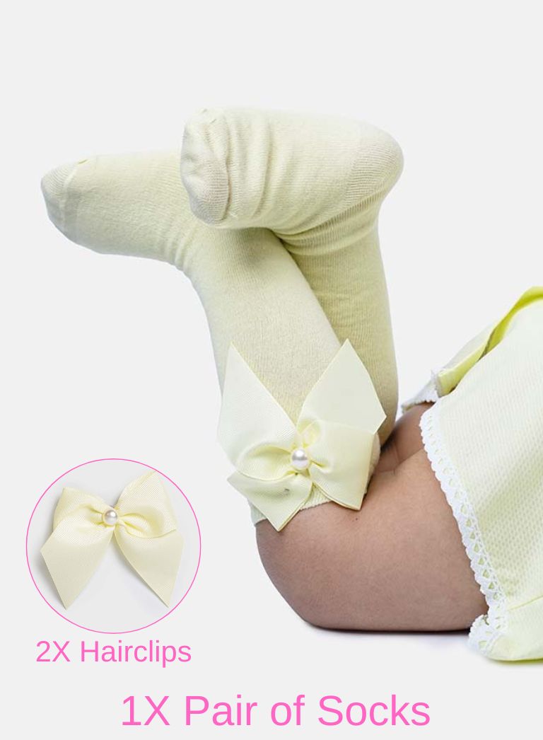 Matching Pearl Socks and Hairclips Bundle - Lemon Yellow