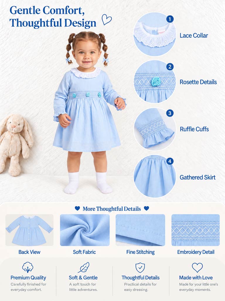 Baby Girl Estela Collection Long Sleeve Smocked Dress - Baby Blue
