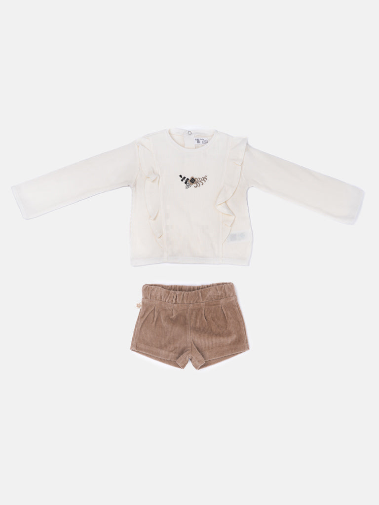 Baby Girl Jaqueline Collection Long Sleeve Top and Shorts 2-Piece Set - Beige