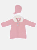 Baby Girl Fur Collar Cardigan Coat and Bonnet Set - Dusty Pink