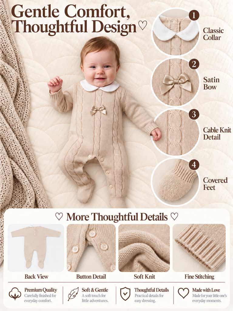 Unisex JIMENA COLLECTION Knitted Baby Grow with Tiny Bow - Beige