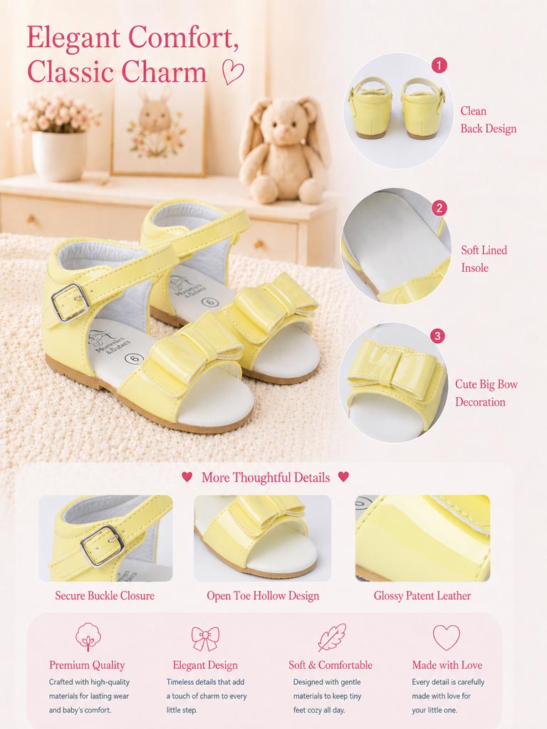 Baby Girl M&B Sandals with Solid Bow - Lemon Yellow