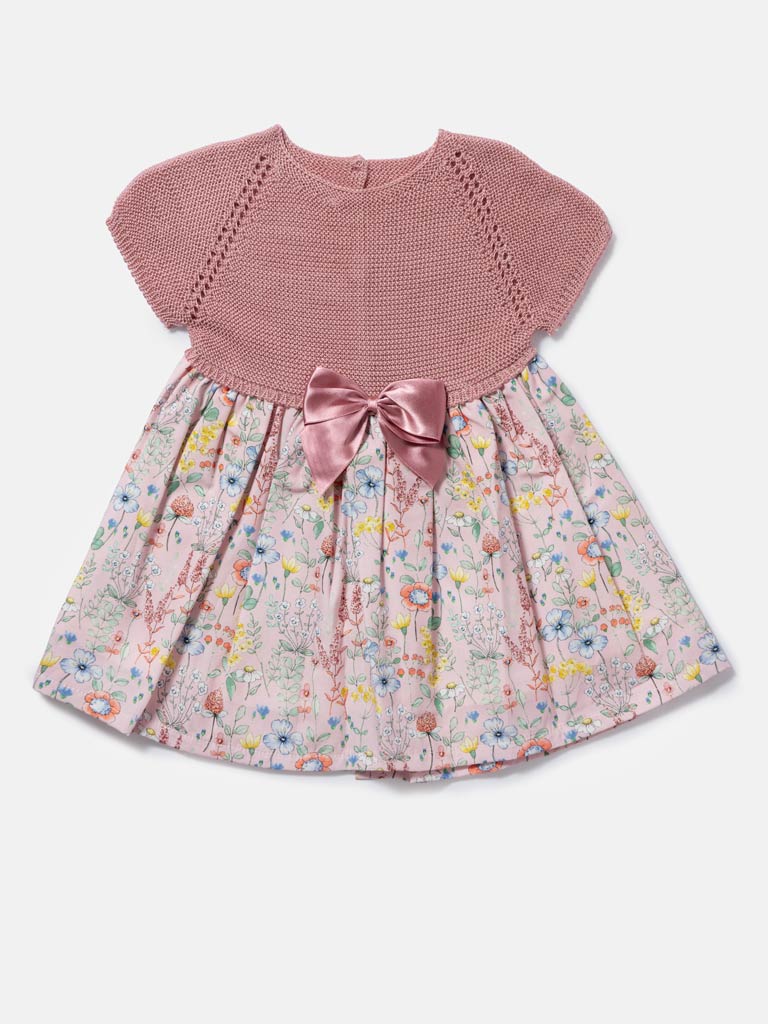 Baby Girl Nova Collection Half Knitted Spanish Dress - Dusty Pink & Floral