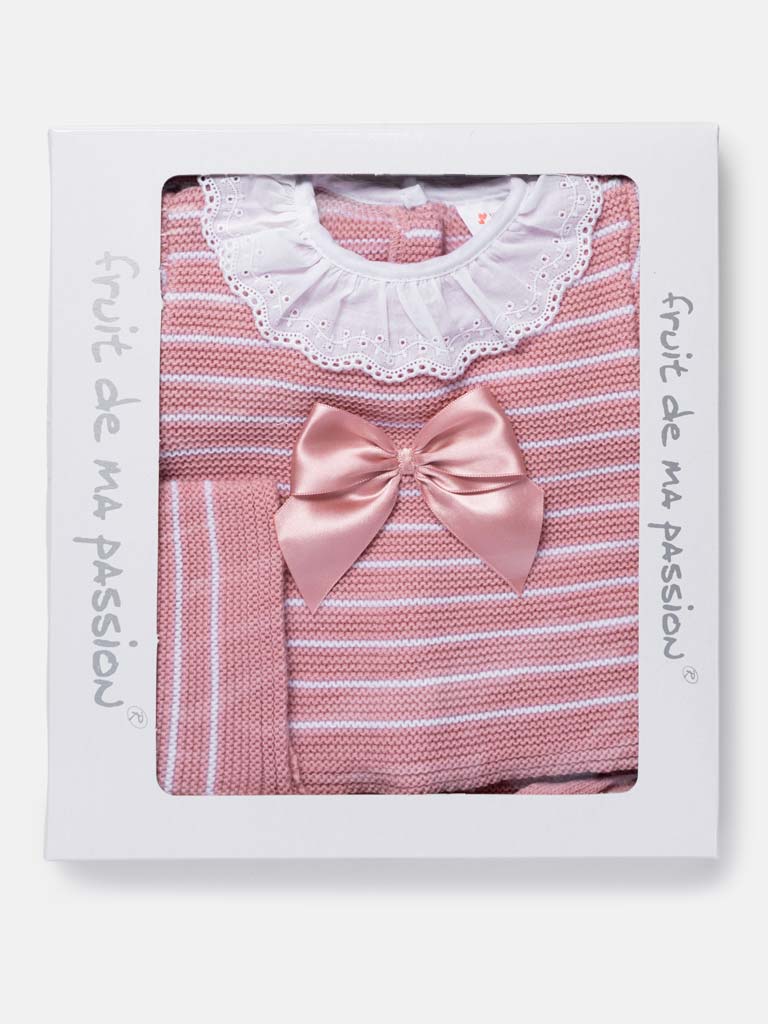 Baby Girl Striped Top 3-Piece Knitted Gift Box Set - Dusty Pink