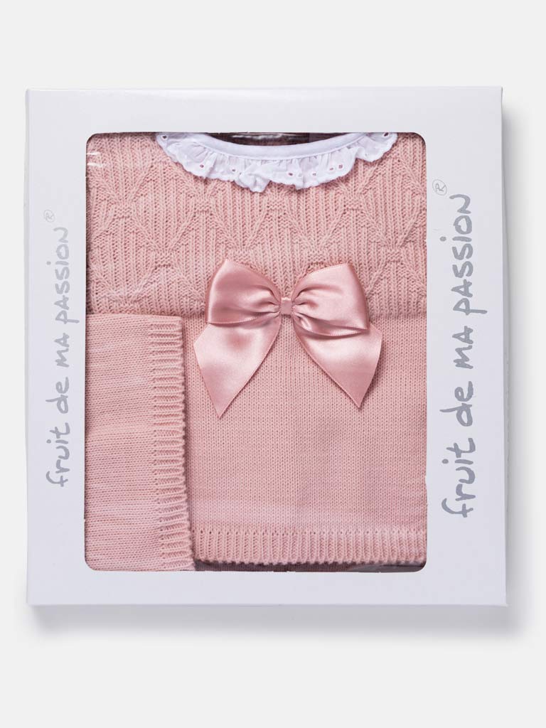 Baby Girl 3-Piece Knitted Pattern Top Gift Box Set - Rose Pink