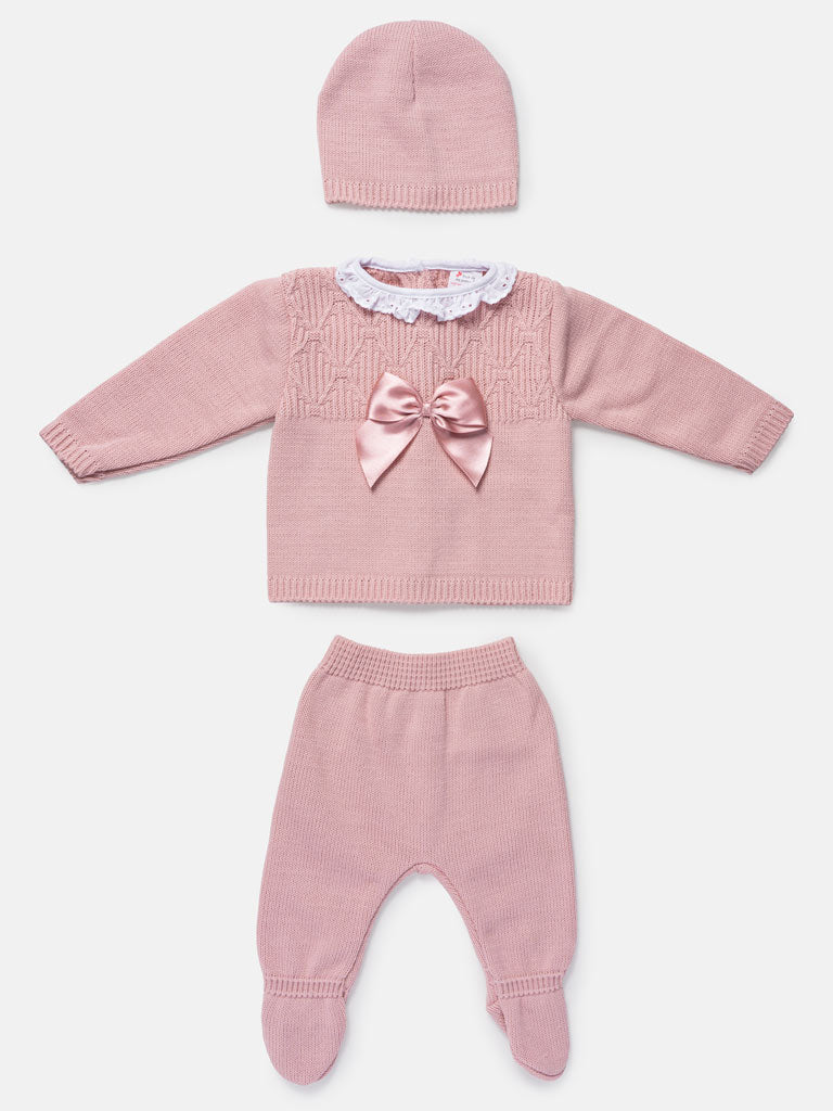 Baby Girl 3-Piece Knitted Pattern Top Gift Box Set - Rose Pink