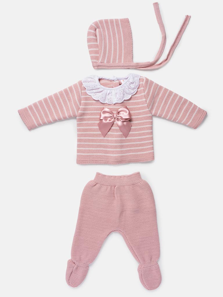 Baby Girl Striped Top 3-Piece Knitted Gift Box Set - Rose Pink