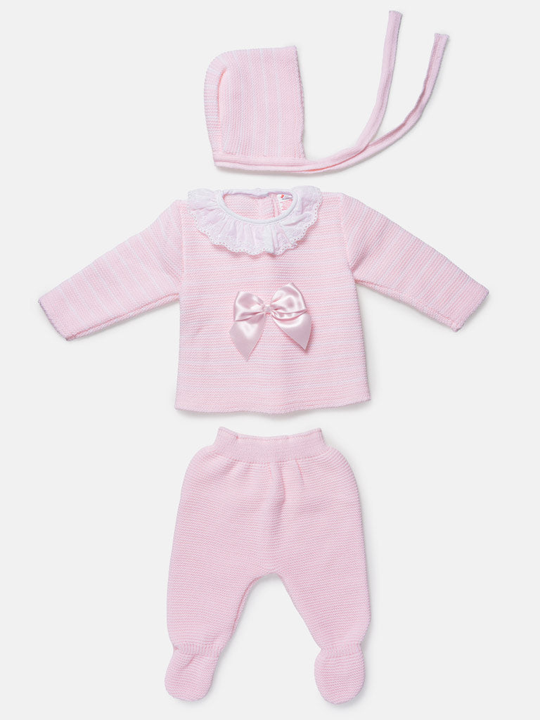 Baby Girl Striped Top 3-Piece Knitted Gift Box Set - Baby Pink