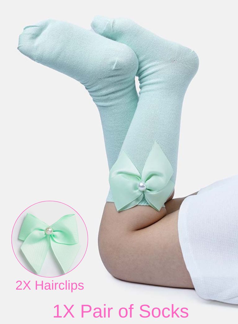 Matching Pearl Socks and Hairclips Bundle - Mint Green