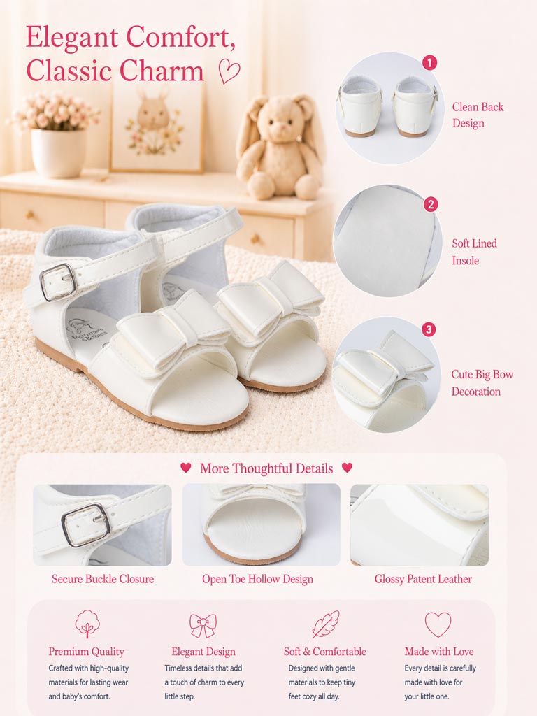 Baby Girl M&B Sandals with Solid Bow - Cream
