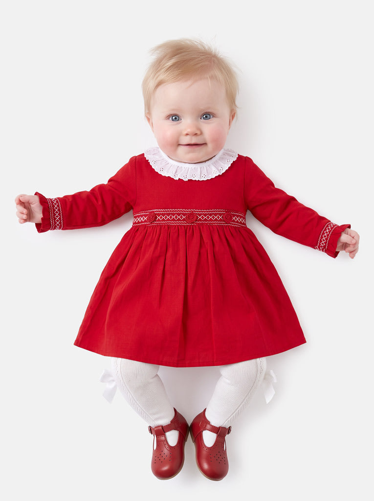Baby Girl Estela Collection Long Sleeve Smocked Dress - Red
