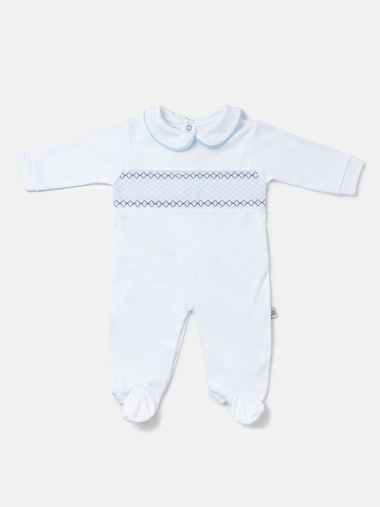 Cotton Baby Grow with Smocked Detail - White & Baby Blue