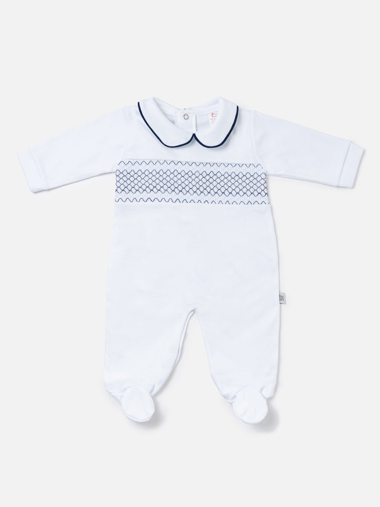 Cotton Baby Grow with Smocked Detail - White & Navy Blue