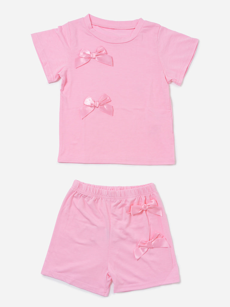 Baby Girl Satin Bow 2-Piece Summer Set - Baby Pink