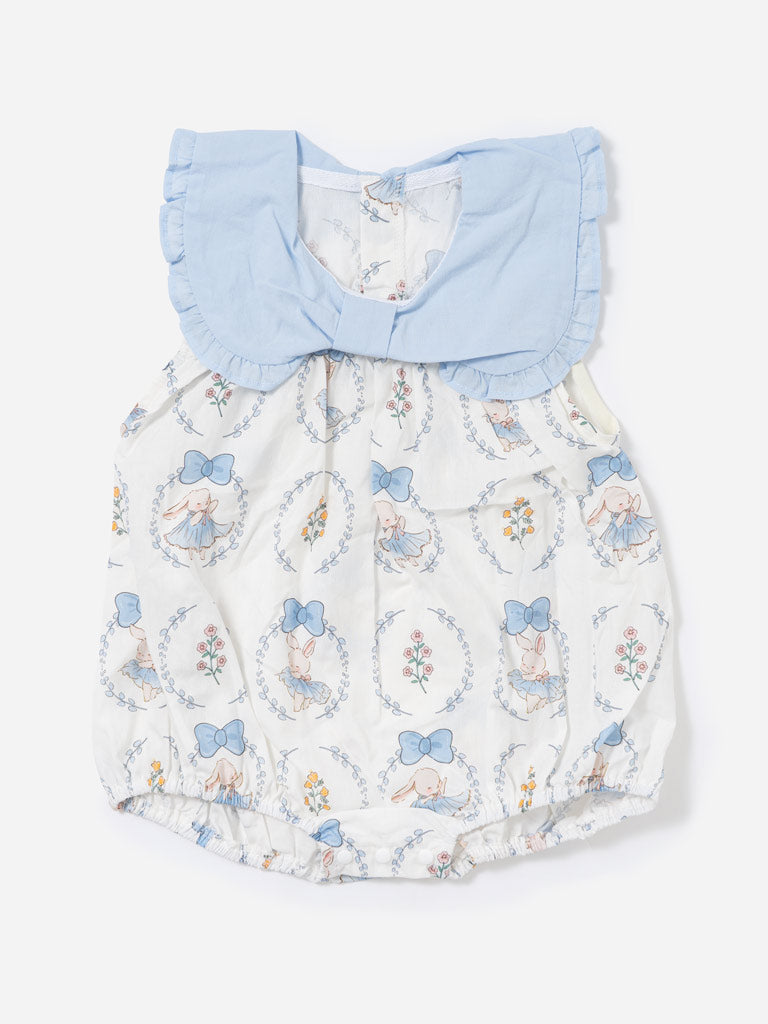 Baby Girl Bunny Print Statement Collar Summer Romper - Baby Blue