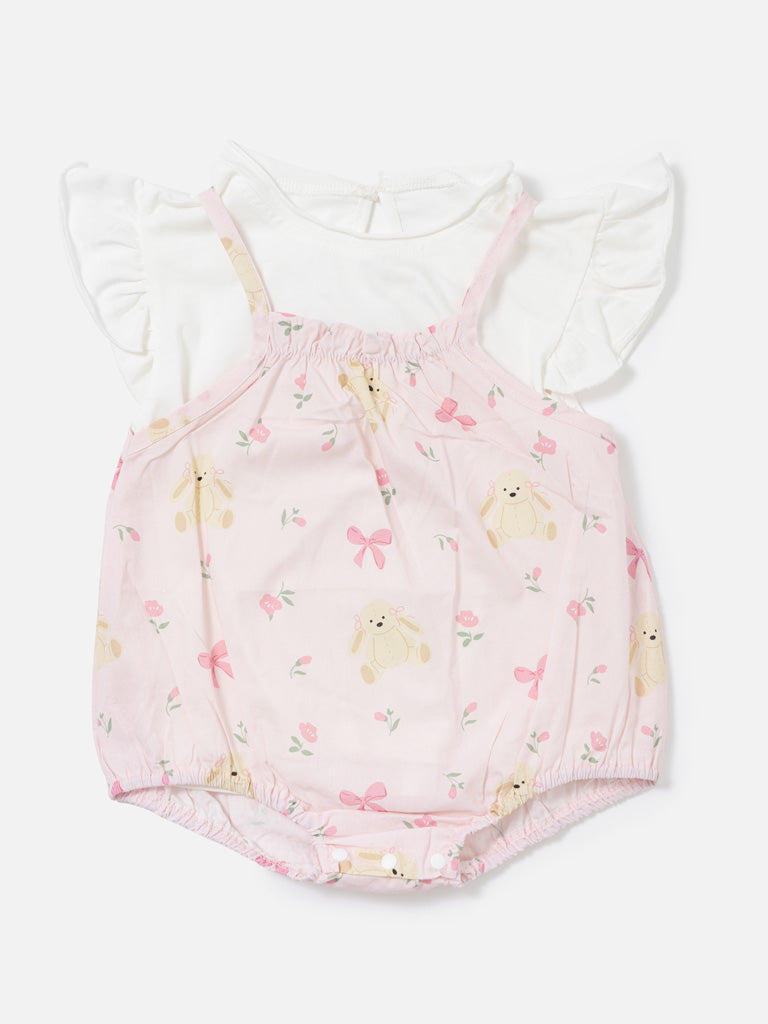 Baby Girl Bunny Print Romper 2-Piece Summer Set - Baby Pink