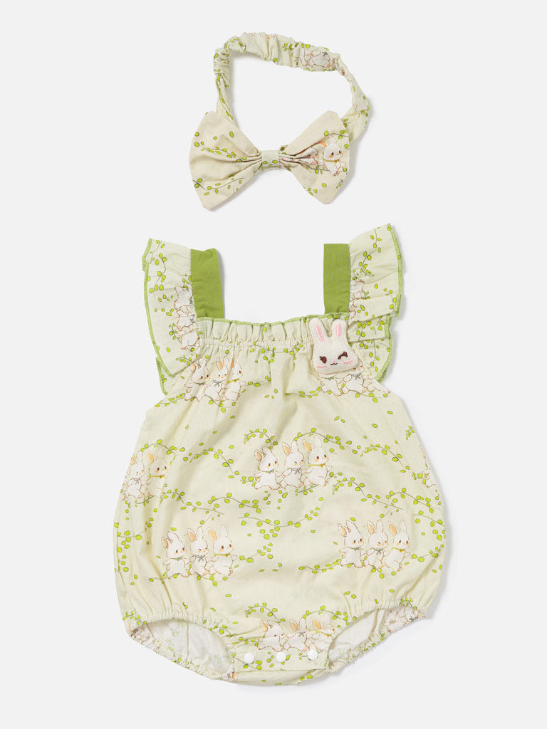 Baby Girl Bunny Print Romper and Headband 2-Piece Summer Set - Lime Green