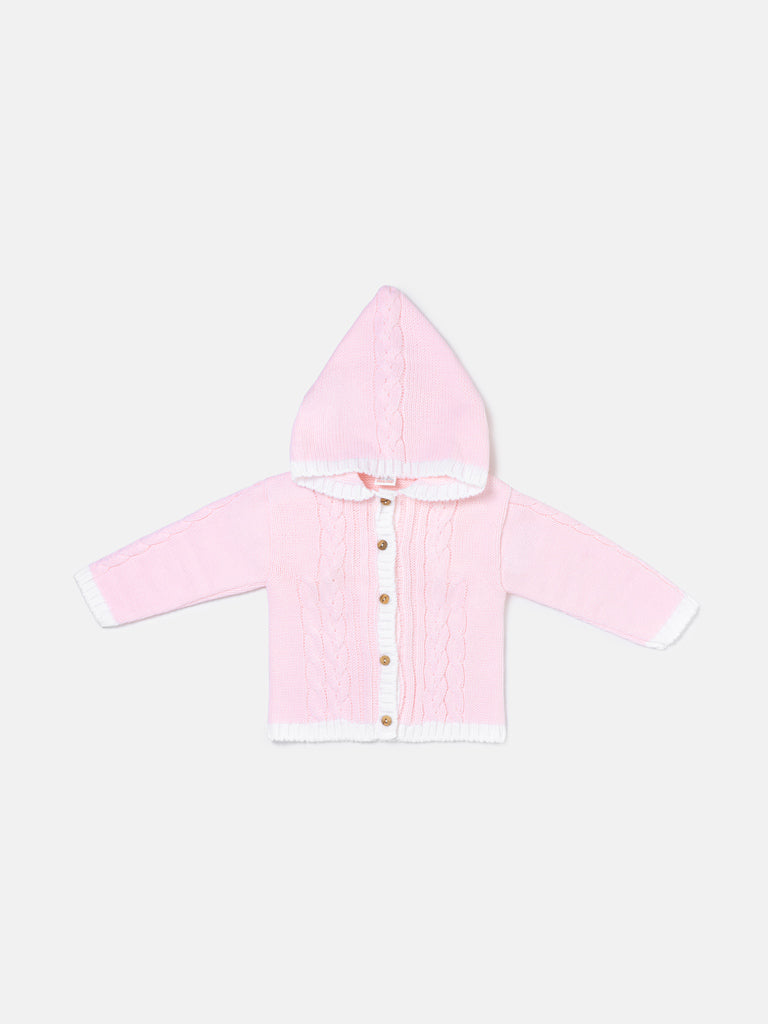 Unisex Hooded Knitted Cardigan with Single-Row Buttons - Baby Pink