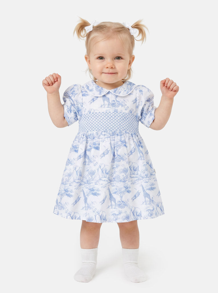 Baby Girl Smocked Summer Dress Safari Collection - Baby Blue
