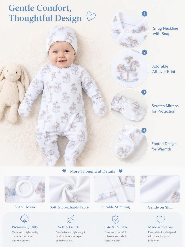 Velour Baby Grow Rocking Horse Collection 3-Piece Set - Baby Blue