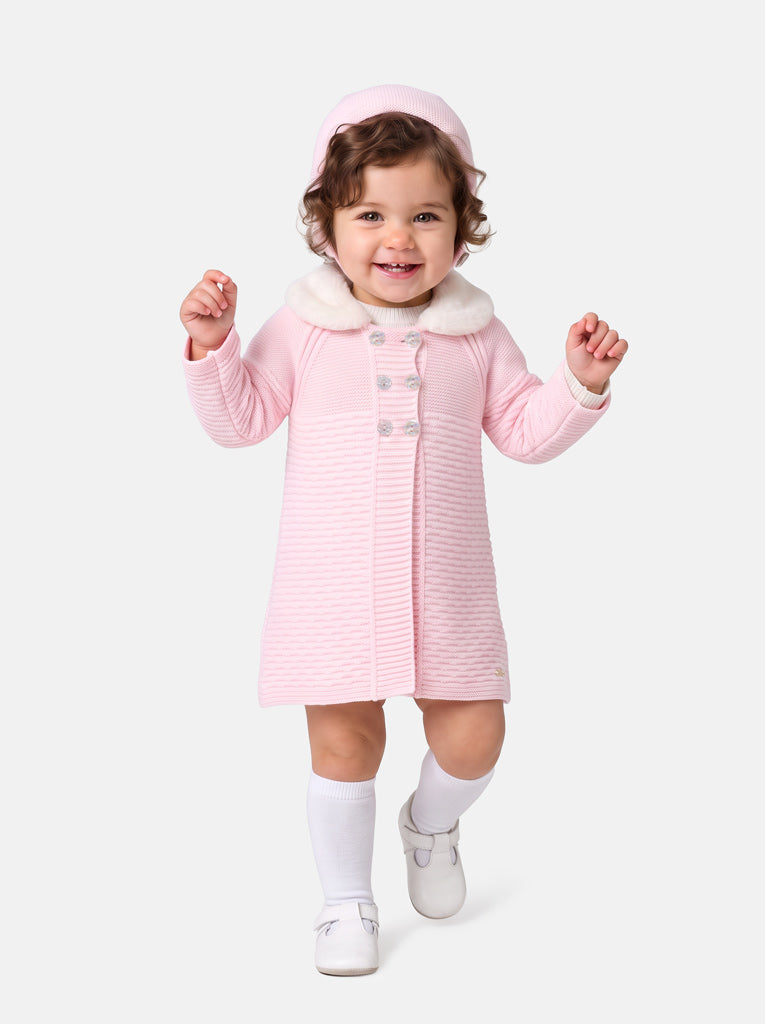 Baby Girl Fur Collar Cardigan Coat and Bonnet Set - Baby Pink