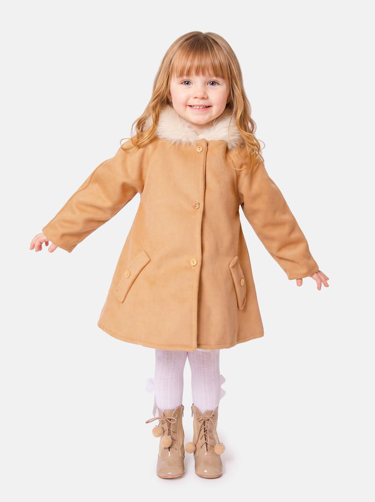 Baby Girl A-line Princess Spanish Hooded Coat with Faux Fur - Tan