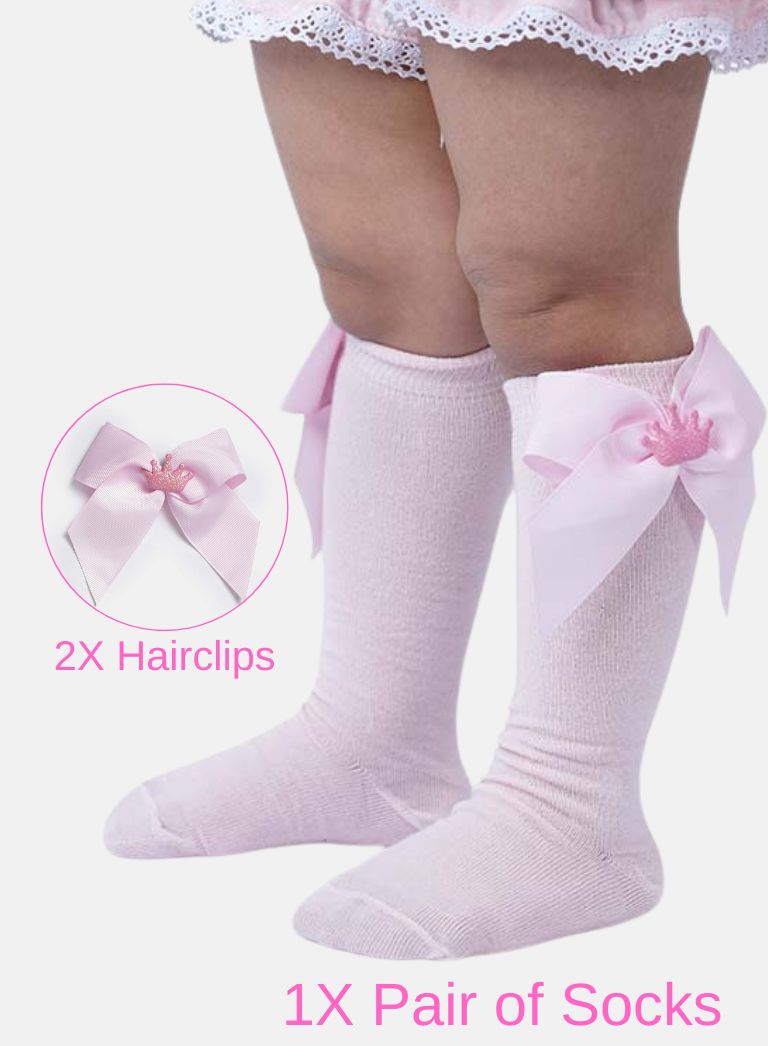 Matching Crown Socks and Hairclips Bundle - Baby Pink