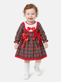 Baby Girl Little Reindeer Collection Tartan Dress with 3 satin bows - Red and Green