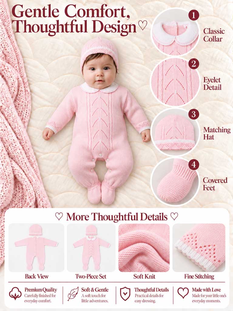 Unisex NOA COLLECTION Knitted All-in-One with Hat - Baby Pink