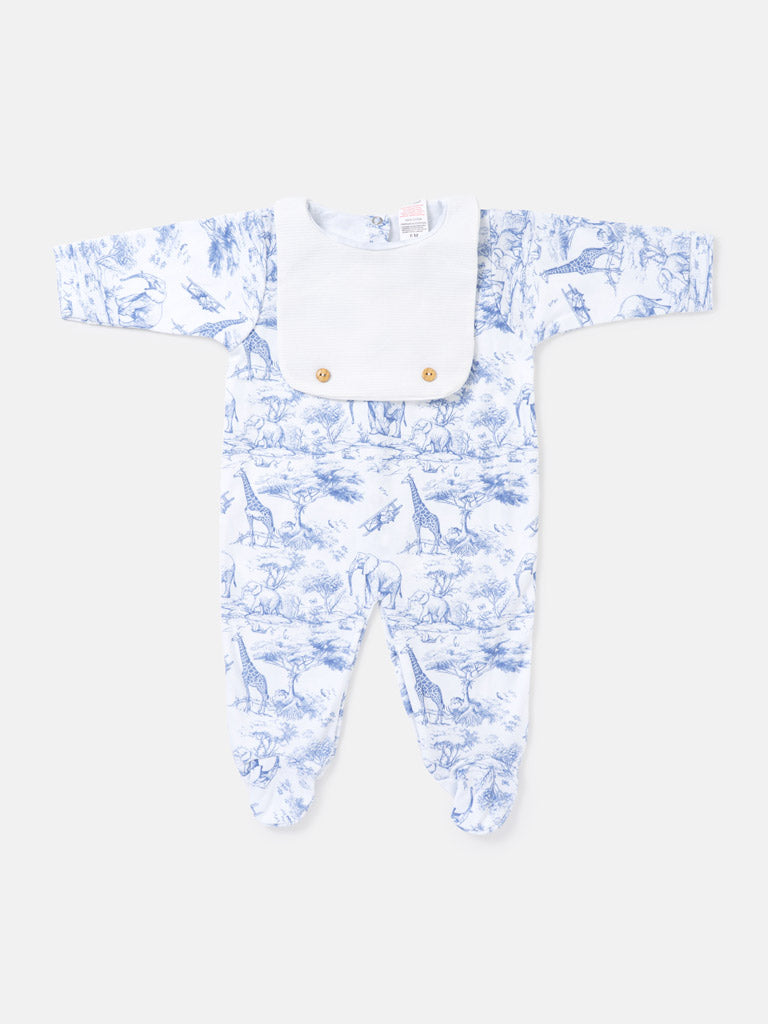 Baby Grow with Attached Small Bib - Safari Collection - Baby Blue