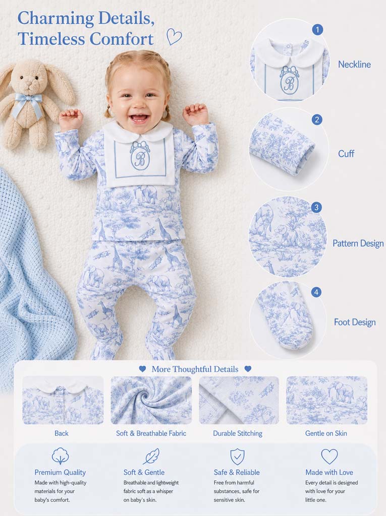 Baby Long-Sleeve 2-Piece Pyjama Set - Safari Collection - Baby Blue