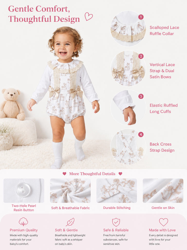 Baby Girl 2-piece Romper Set with Long Sleeves - Rocking Horse Collection - Beige