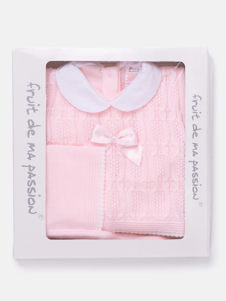 Baby Girl Cable Knit 3-piece Gift Box Set - Baby Pink