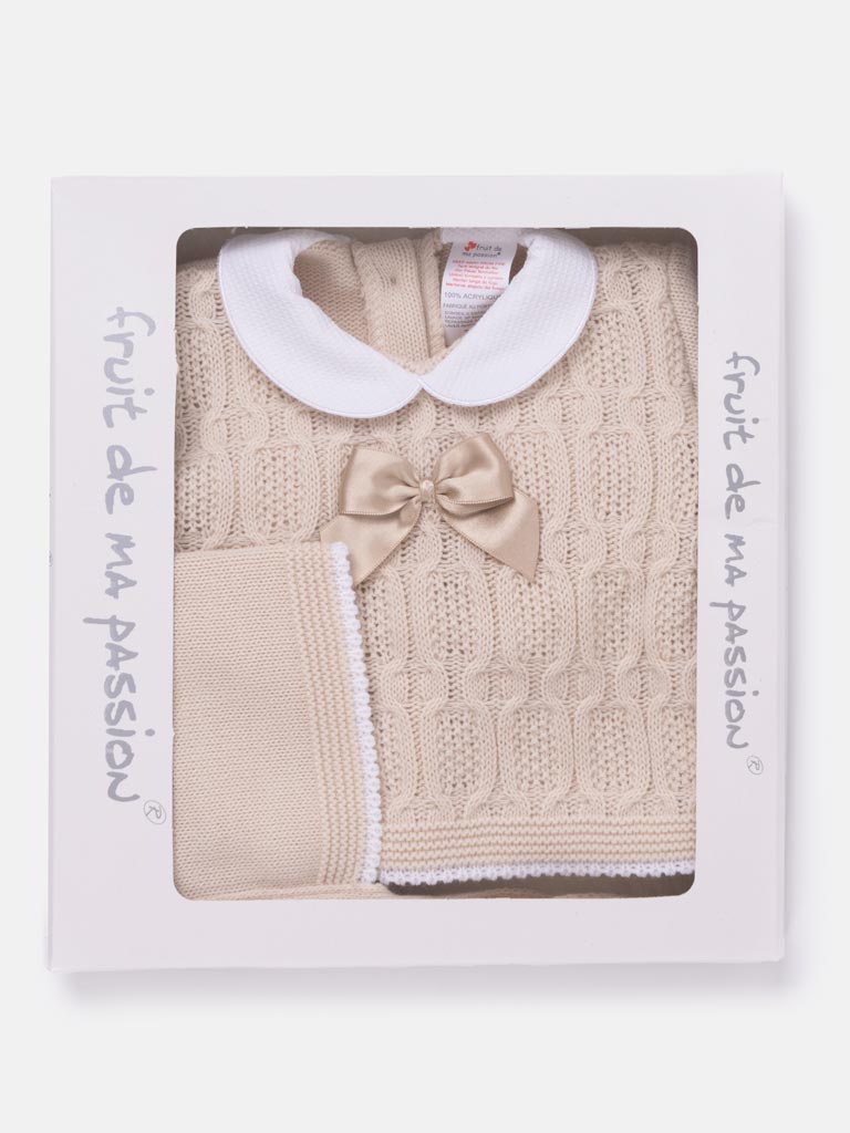 Baby Girl Cable Knit 3-piece Gift Box Set - Beige