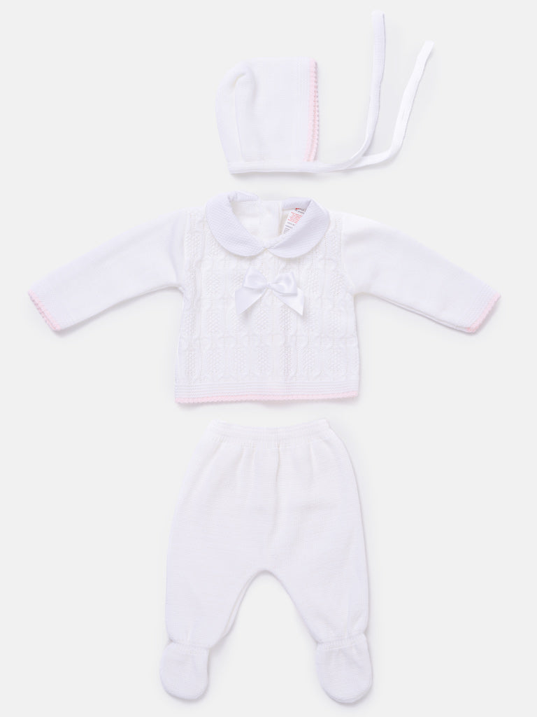 Baby Girl Cable Knit 3-piece Gift Box Set - White & Baby Pink