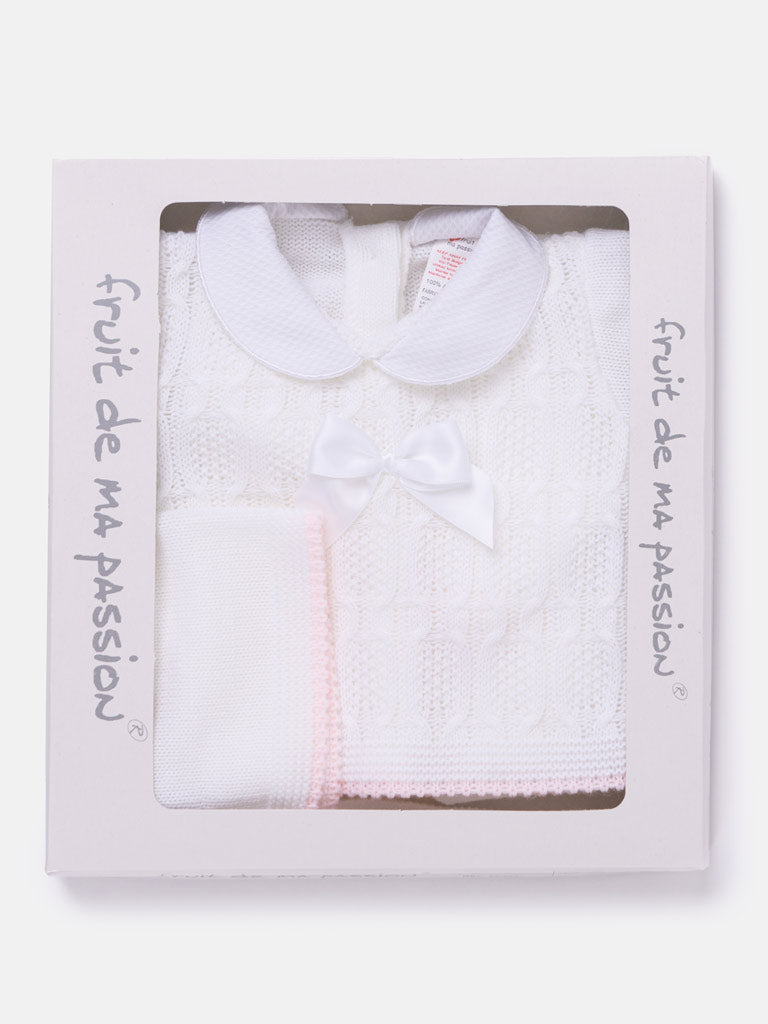 Baby Girl Cable Knit 3-piece Gift Box Set - White & Baby Pink