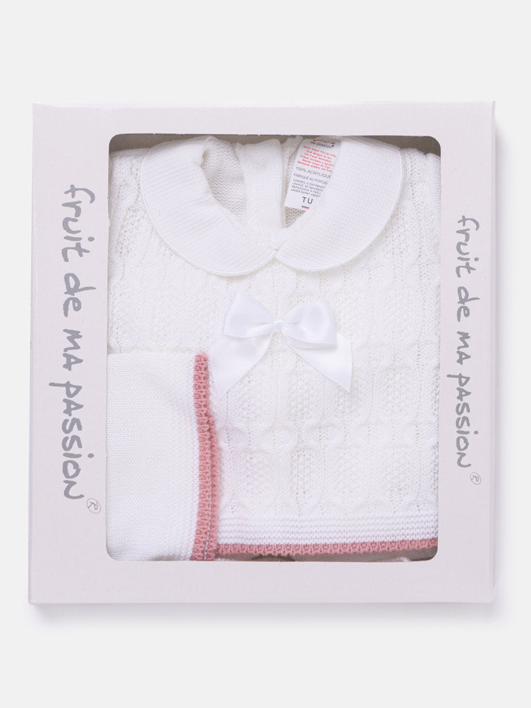 Baby Girl Cable Knit 3-piece Gift Box Set - White & Dusty Pink