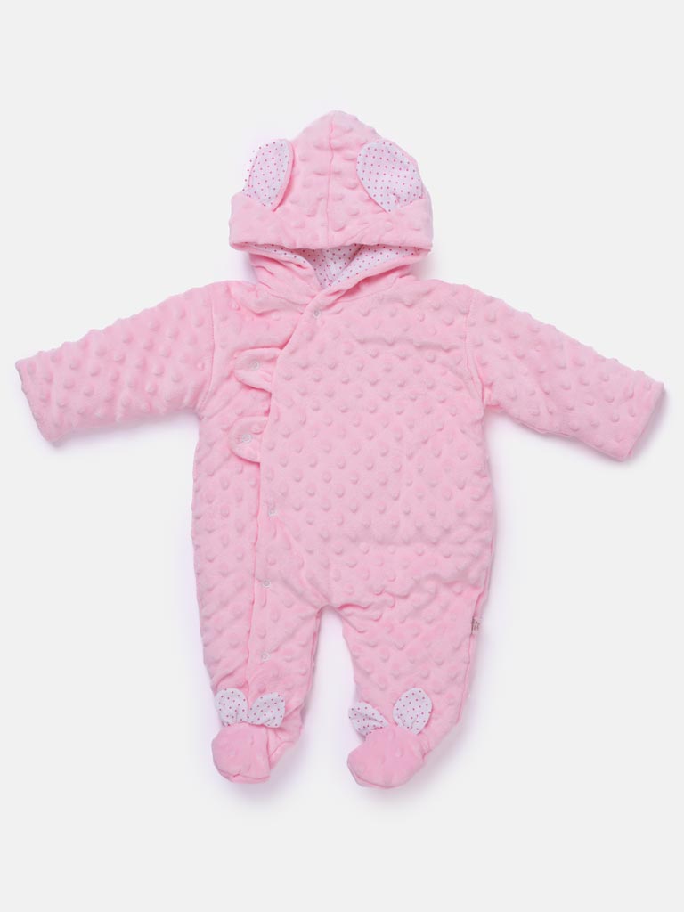 Baby Girl Bunny-Bubble Hood Pramsuit with Booties - Baby Pink